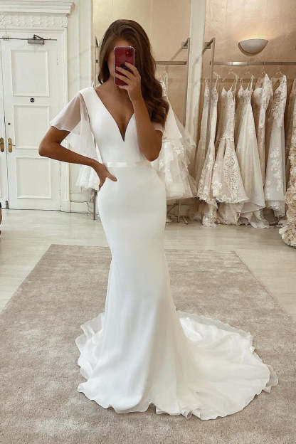 Designer Long Mermaid White Satin Tulle Short Sleeves Wedding Dress With Train-BMbridal.com