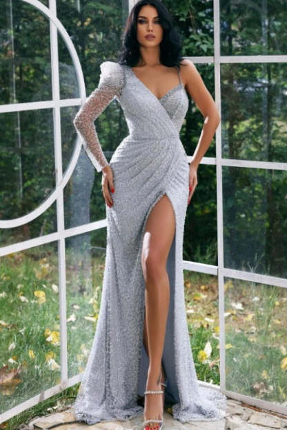 Designer Long One Shoulder Glitter Prom Dresses With Sleeves-BMbridal.com