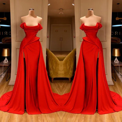 Designer Long Red A-line Sleeveless Satin Sexy Prom Dress With Slit-BMbridal.com