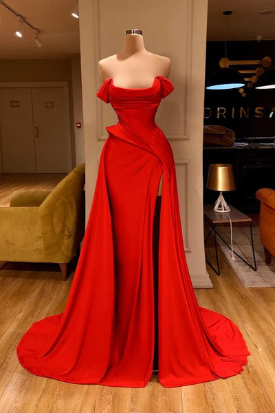 Designer Long Red A-line Sleeveless Satin Sexy Prom Dress With Slit-BMbridal.com