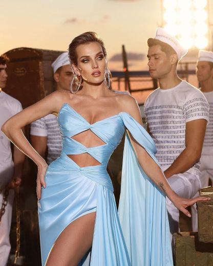 Designer Long Sky Blue A-line Sleeveless Prom Dress With Slit-BMbridal.com