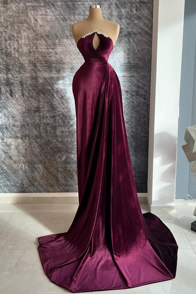 Designer Long Velvet Sequined Long Sleeves Prom Dress With Train-BMbridal.com