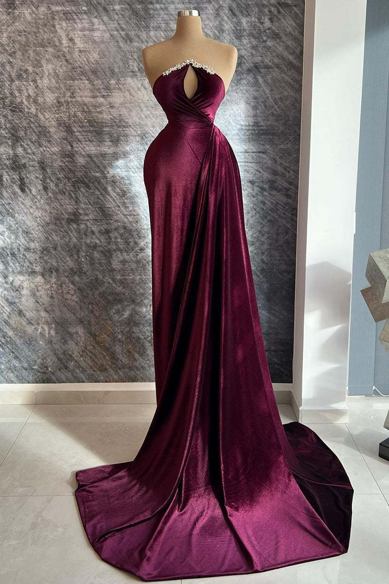 Designer Long Velvet Sequined Long Sleeves Prom Dress With Train-BMbridal.com