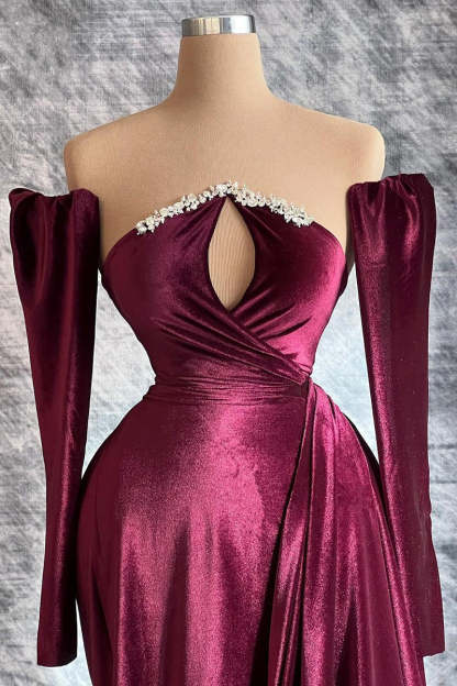 Designer Long Velvet Sequined Long Sleeves Prom Dress With Train-BMbridal.com
