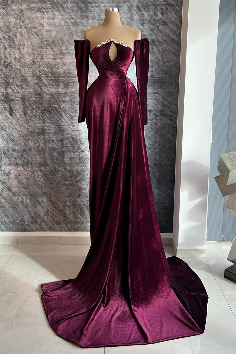 Designer Long Velvet Sequined Long Sleeves Prom Dress With Train-BMbridal.com