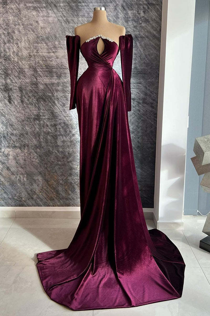 Designer Long Velvet Sequined Long Sleeves Prom Dress With Train-BMbridal.com