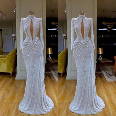 Designer Long White High Neck Long Sleeves Mermaid Sequined Prom Dress-BMbridal.com