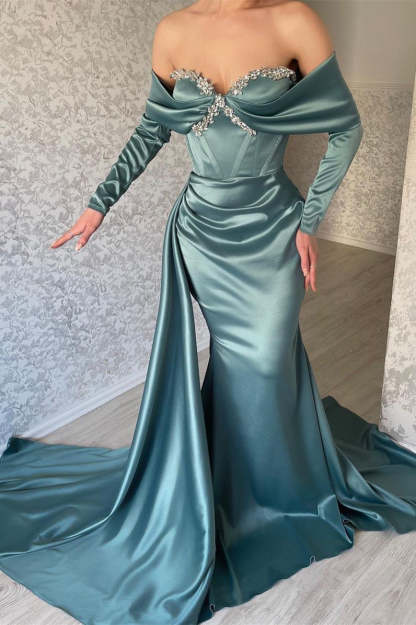Designer Off-the-shoulder Long Sleeves Glitter Mermaid Prom Dress With Glitter-BMbridal.com