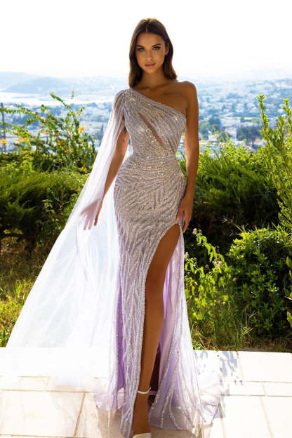 Designer One Shoulder Sequined Sleeveless Prom Dress With Slit-BMbridal.com