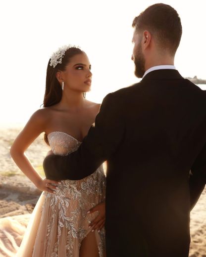 Designer Sweetheart Long A-line Glitter Lace Wedding Dress With Slit-BMbridal.com