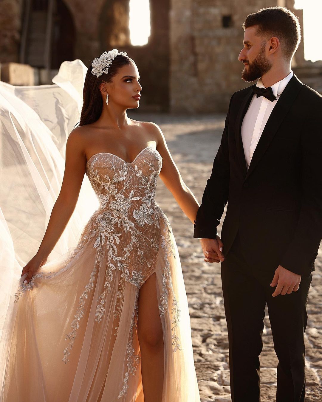 Designer Sweetheart Long A-line Glitter Lace Wedding Dress With Slit-BMbridal.com