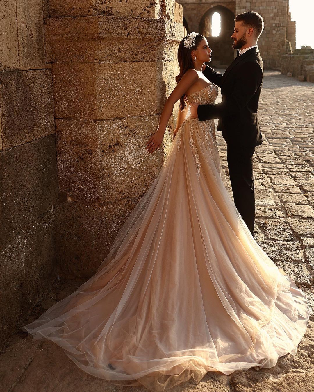 Designer Sweetheart Long A-line Glitter Lace Wedding Dress With Slit-BMbridal.com