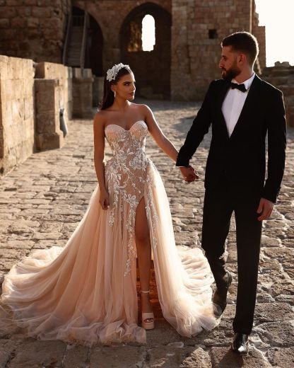 Designer Sweetheart Long A-line Glitter Lace Wedding Dress With Slit-BMbridal.com