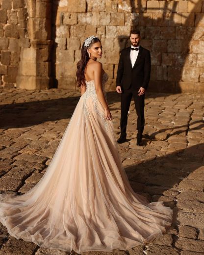 Designer Sweetheart Long A-line Glitter Lace Wedding Dress With Slit-BMbridal.com