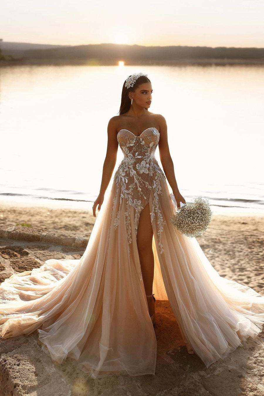 Designer Sweetheart Long A-line Glitter Lace Wedding Dress With Slit-BMbridal.com
