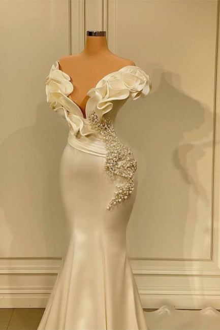 Designer White Long Pearl Ruffle Evening Dresses-BMbridal.com