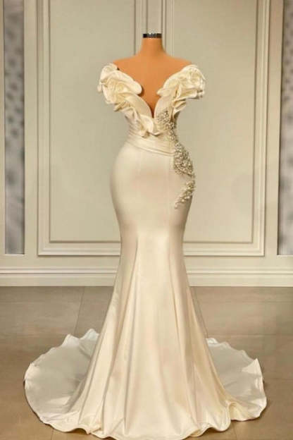 Designer White Long Pearl Ruffle Evening Dresses-BMbridal.com