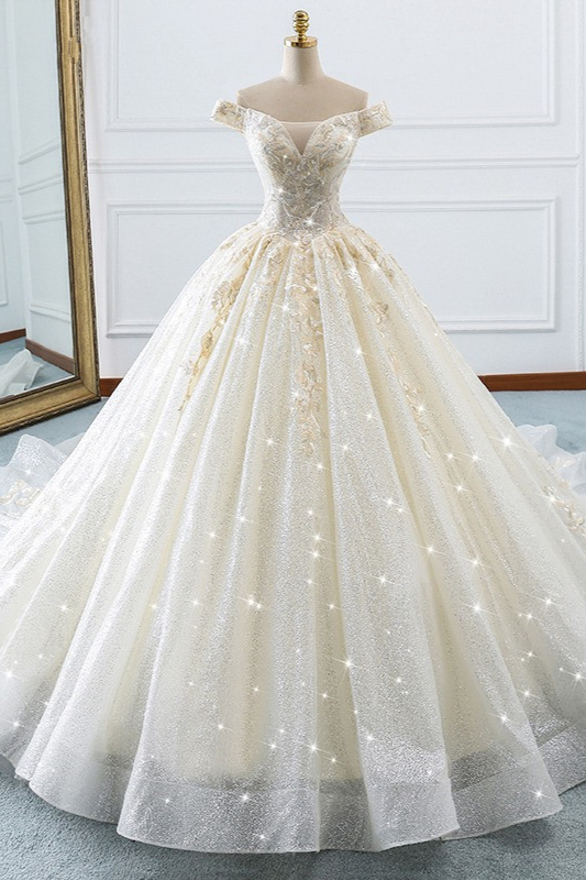 BMbridal Sparkly Sequined Off-the-Shoulder Wedding Dress Ball Gown Sweetheart Appliques Bridal Gowns Online-BMbridal