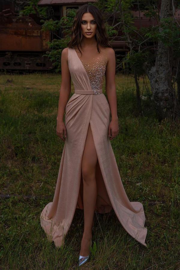 Bmbridal Sleeveless Long Front Slit Prom Dress With Beads