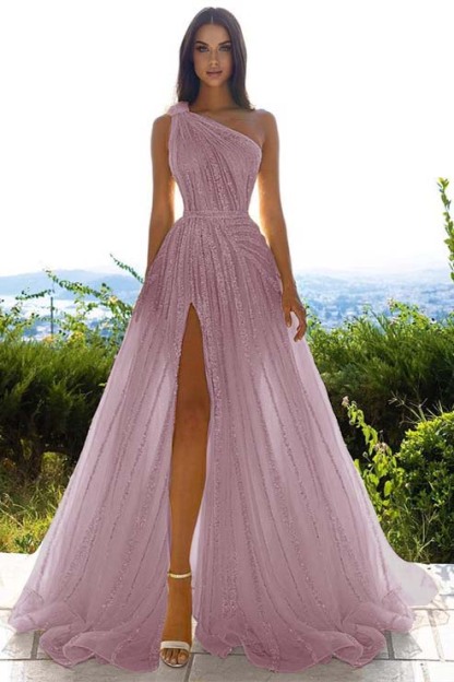 Tulle Sequins One Shoulder A Line Long Prom Dress Daffodil With Front Split
