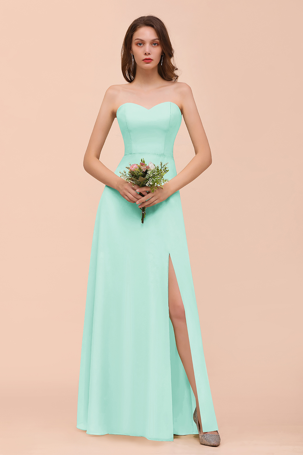 BMbridal Affordable Strapless Front Slit Long Dusty Sage Bridesmaid Dress-BMbridal
