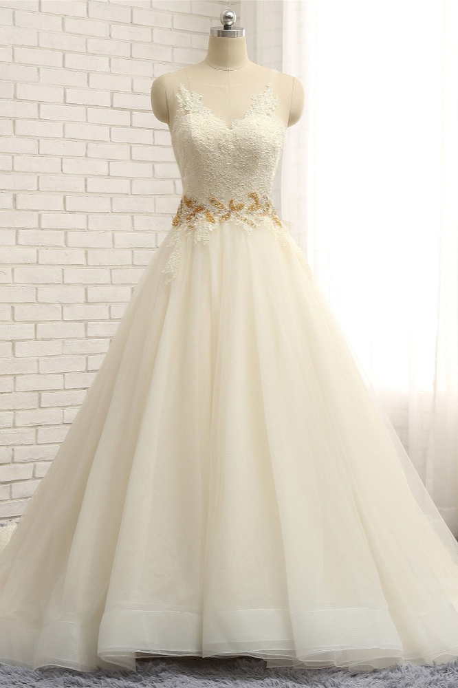 BMbridal Gorgeous Jewel Sleeveless A-Line Tulle Wedding Dress Lace Appliques Bridal Gowns with Beadings-BMbridal