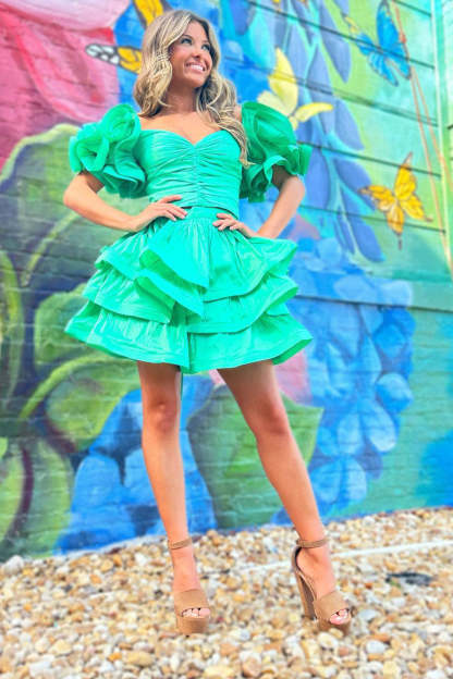Blue Two Piece Sweetheart Tiered Short Homecoming Dress with Ruffles