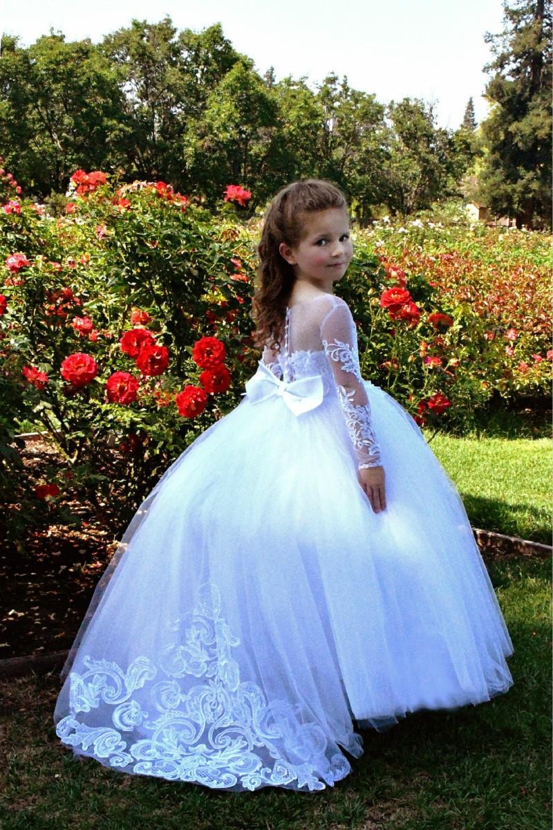 BMbridal Long Sleeves Tulle Lace Flower Girl Dress On Sale-BMbridal