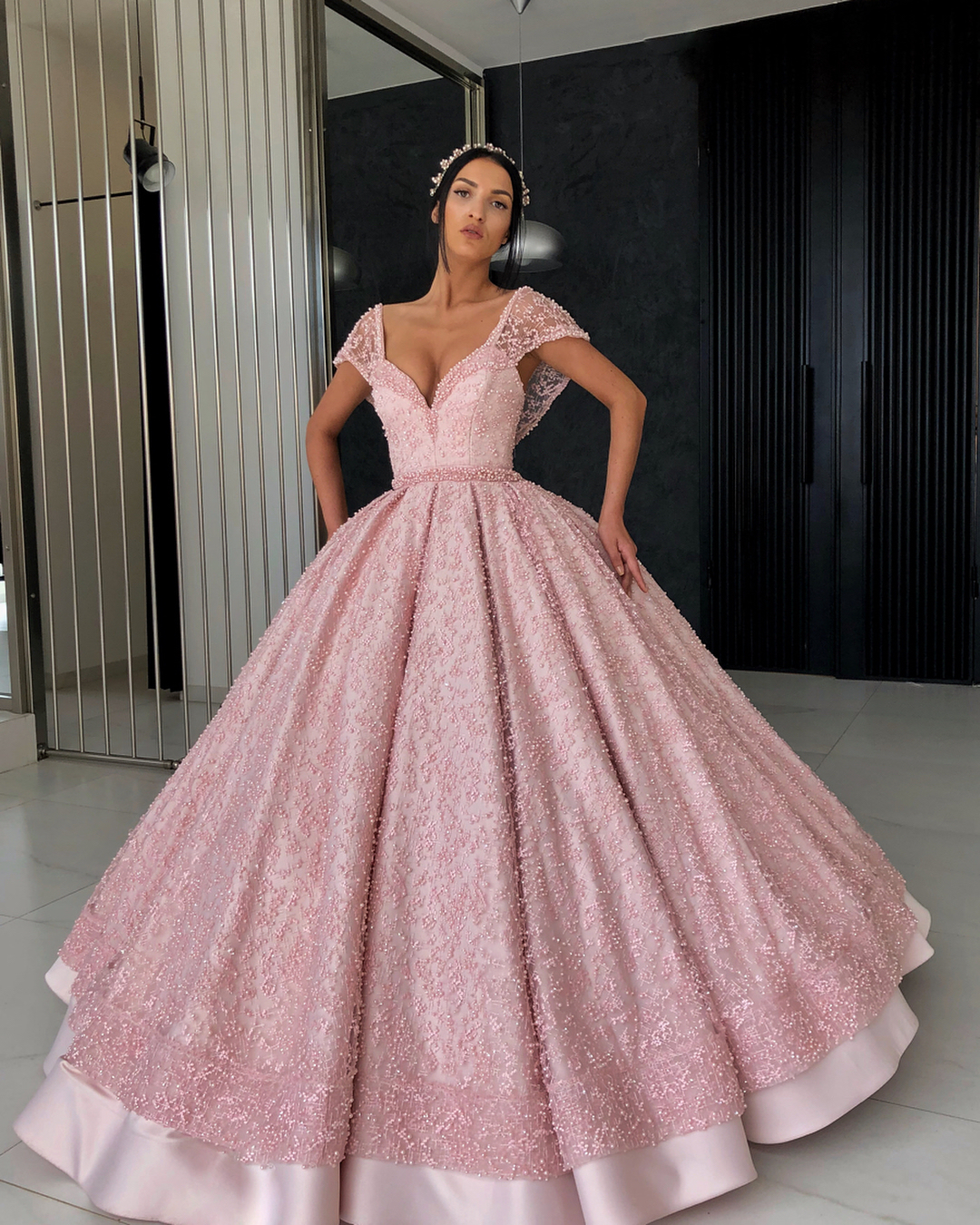 Bmbridal Cap Sleeves Ball Gown Prom Dress Pink With Pearls
