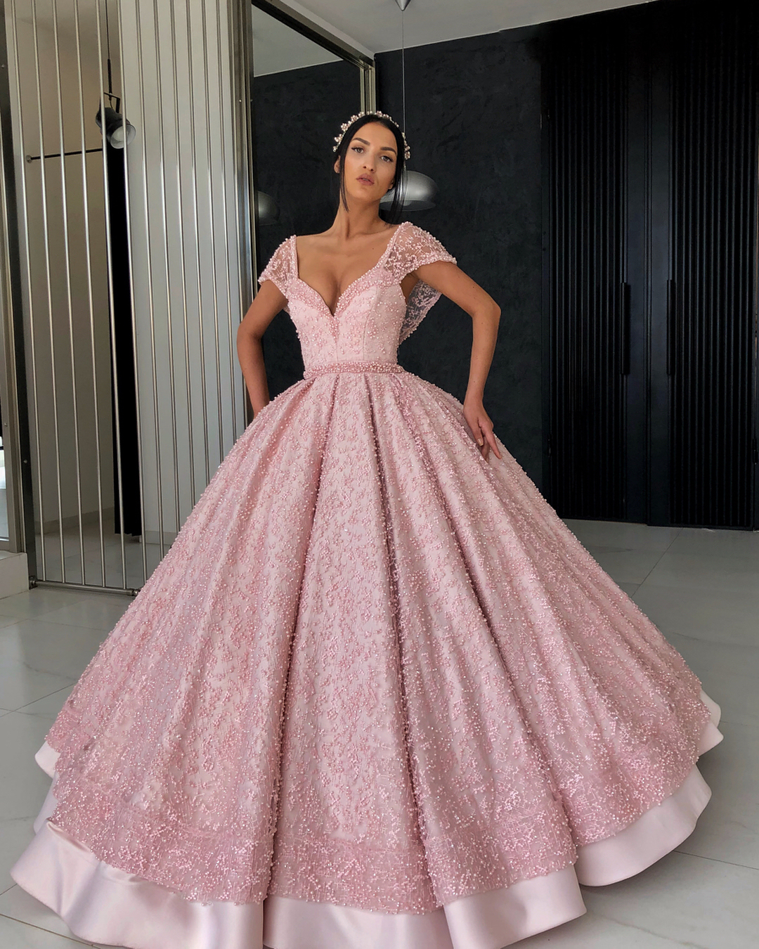 Bmbridal Cap Sleeves Ball Gown Prom Dress Pink With Pearls