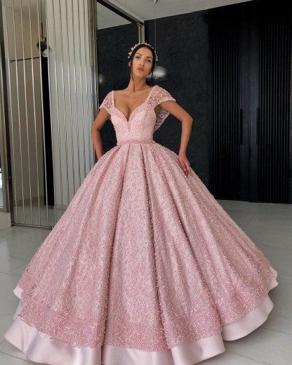 Bmbridal Cap Sleeves Ball Gown Prom Dress Pink With Pearls