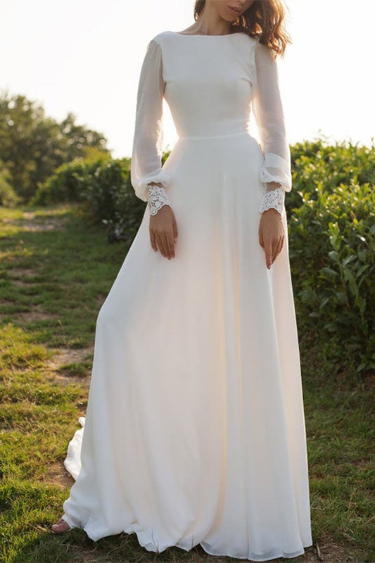Long Sleeves Chiffon Backless Wedding Dress