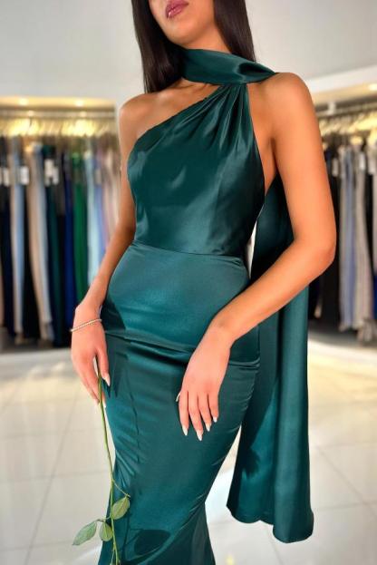 Bmbridal Dark Green One Shoulder Sleeveless Mermaid Prom Dresses with Ruffles