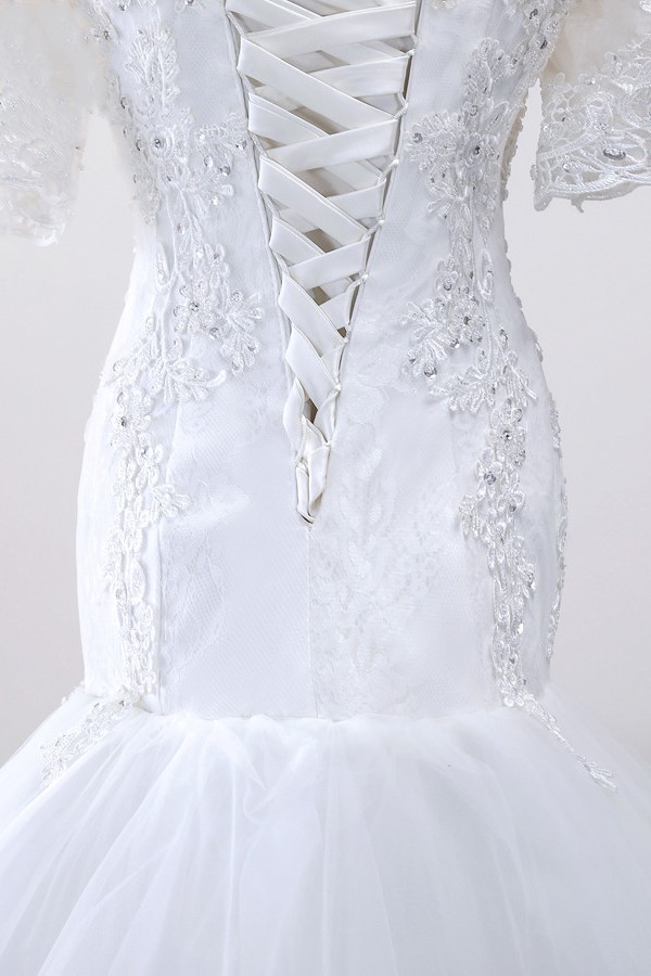 BMbridal Glamorous Jewel Tulle Lace Wedding Dress Mermaid Short Sleeves Beading Bridal Gowns Online