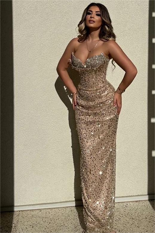Chic Sequins Strapless Sleeveless High Waist Long Prom Dress With Beadings