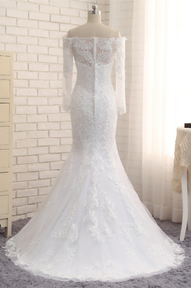 BMbridal Unique Bateau Longsleeves A-line Wedding Dresses With Appliques White Tulle Bridal Gowns On Sale-BMbridal