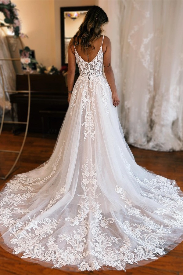 Bmbridal Spaghetti-Straps V-Neck Wedding Dress Split With Lace Appliques-BMbridal