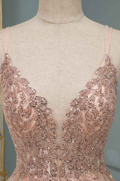 BMbridal Elegant Tulle Spaghetti Strap V-Neck Pink Prom Dress with Beading Appliques