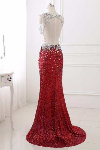 BMbridal Sparkly Sequined V-Neck Burgundy Mermaid Prom Dresses with Rhinestone Top