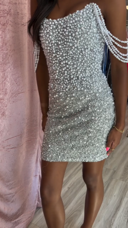 Strapless Sequin Bodycon Homecoming Dress Beaded Shoulder Chain Fringe Mini