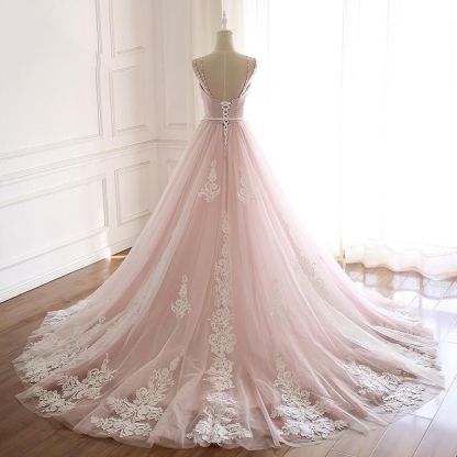 BMbridal Princess Sweetheart Lace Pink Prom Dress Long Tulle Party Gowns
