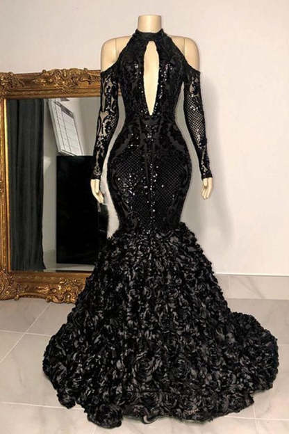 Dignified Black Halter Long Sleeve Transparent lace Beading Floor-length Mermaid Prom Dresses-BMbridal
