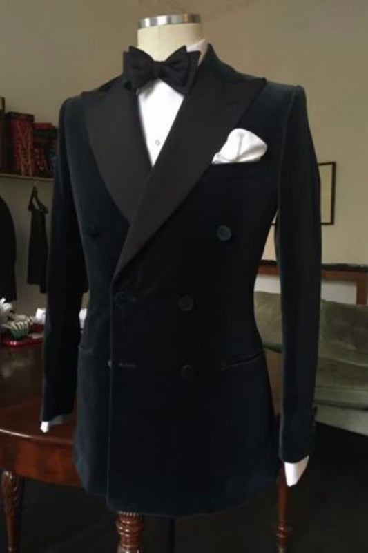 Double Breasted Black Peaked Lapel Velvet Prom Suits Two Pieces Wedding Groom Suits-BMbridal