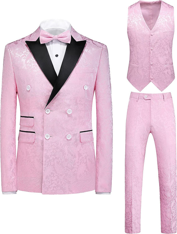 Double Breasted Pink Jacquard Three Pieces Prom Suits with Peaked Lapel-BMbridal