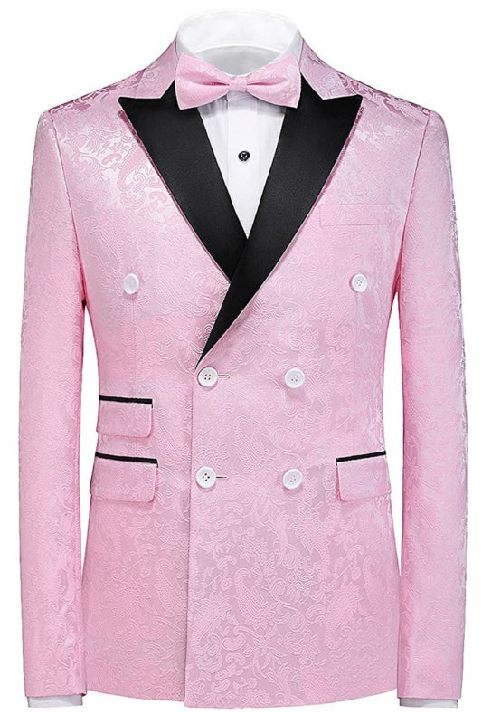 Double Breasted Pink Jacquard Three Pieces Prom Suits with Peaked Lapel-BMbridal