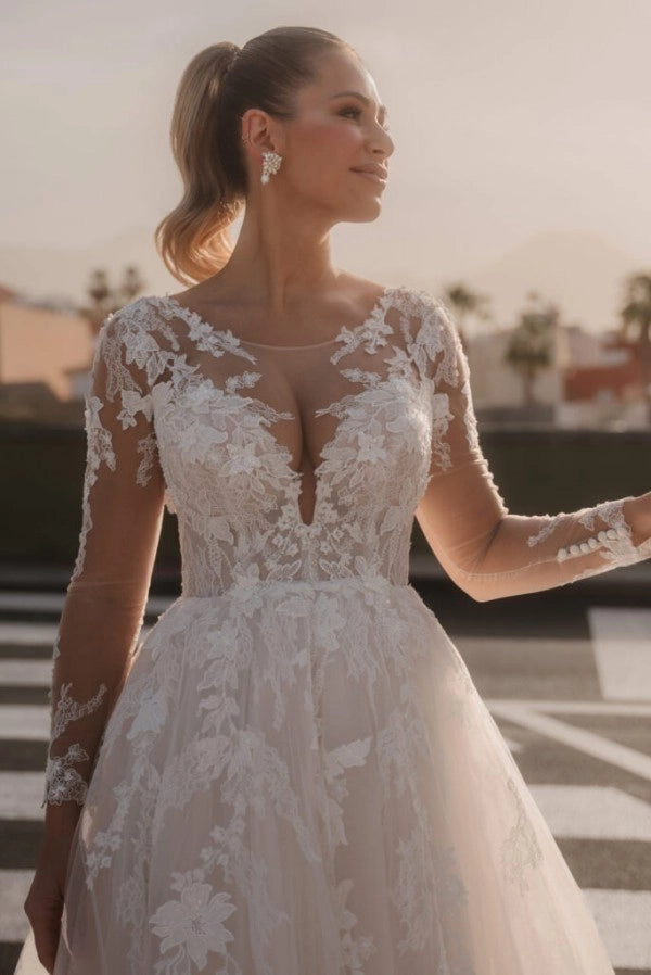 Dreamy Ivory Crew Long Sleeves A-line Wedding Dress with Appliques and Chapel Train