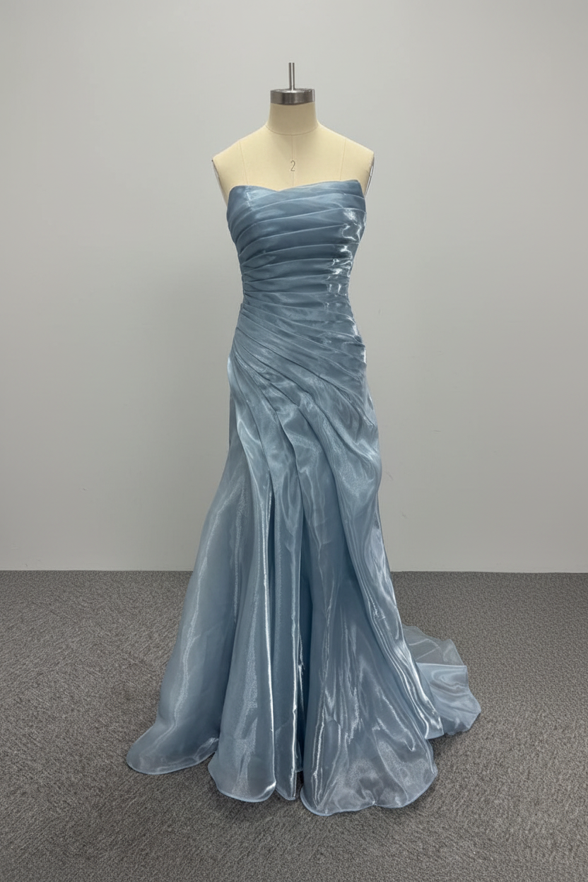 Dusty Blue Pleated Premium water-light satin Mermaid Gown with Sweeping Train