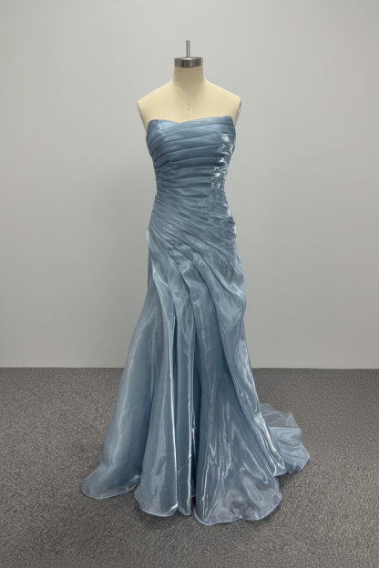 Dusty Blue Pleated Premium water-light satin Mermaid Gown with Sweeping Train