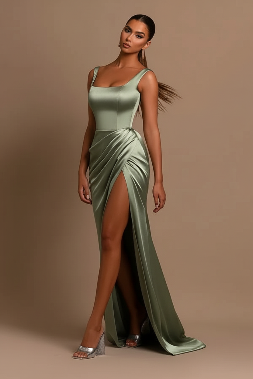 Bmbridal Straps Square Prom Dress Mermaid Sleeveless With Slit