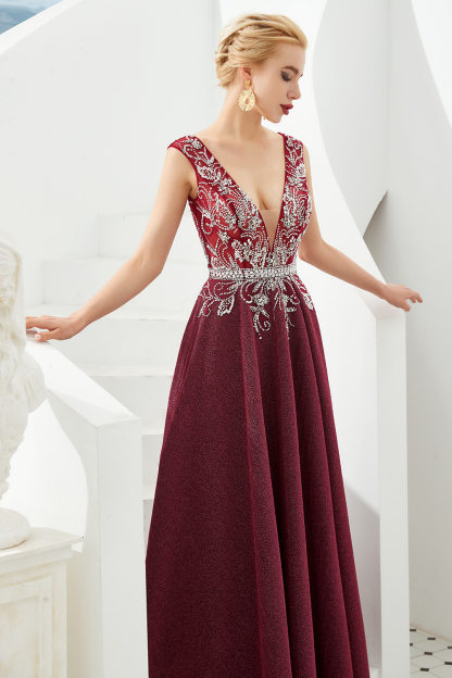 BMbridal Shinning Bugrundy Crystal  Prom Dress Long V-Neck Sleeveless Evening Gowns